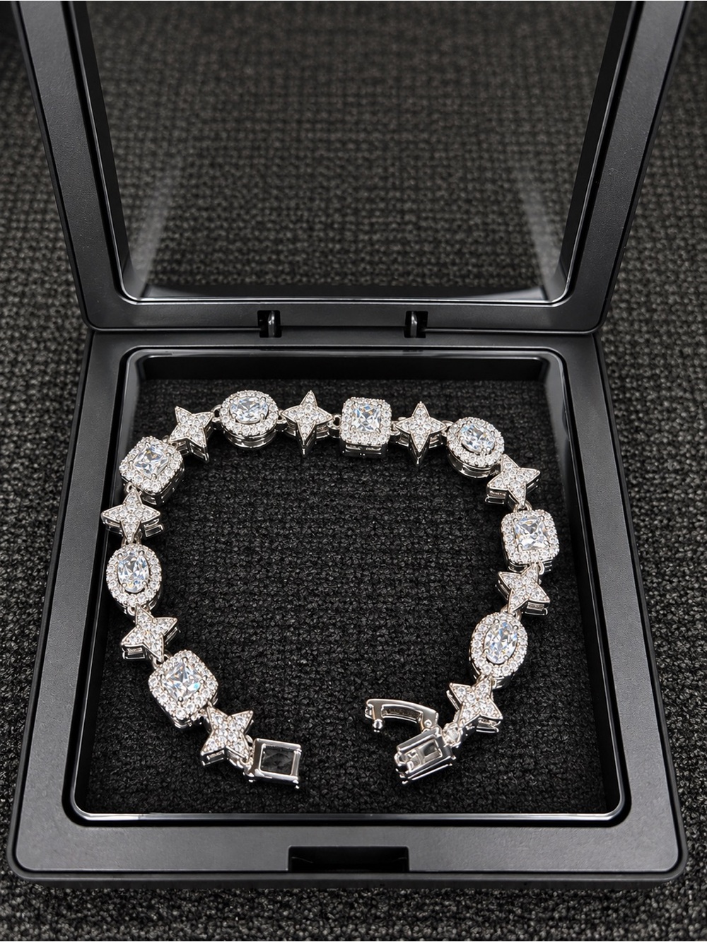 Luxury Silver-Tone Crystal Star & Oval Bracelet - Sparkling White Stones